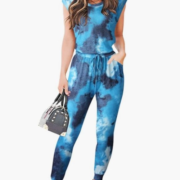Pants - ANRABESS Women's Tie Dye Short Sleeve Round Neck Elastic Waist Jumpsuit Romper